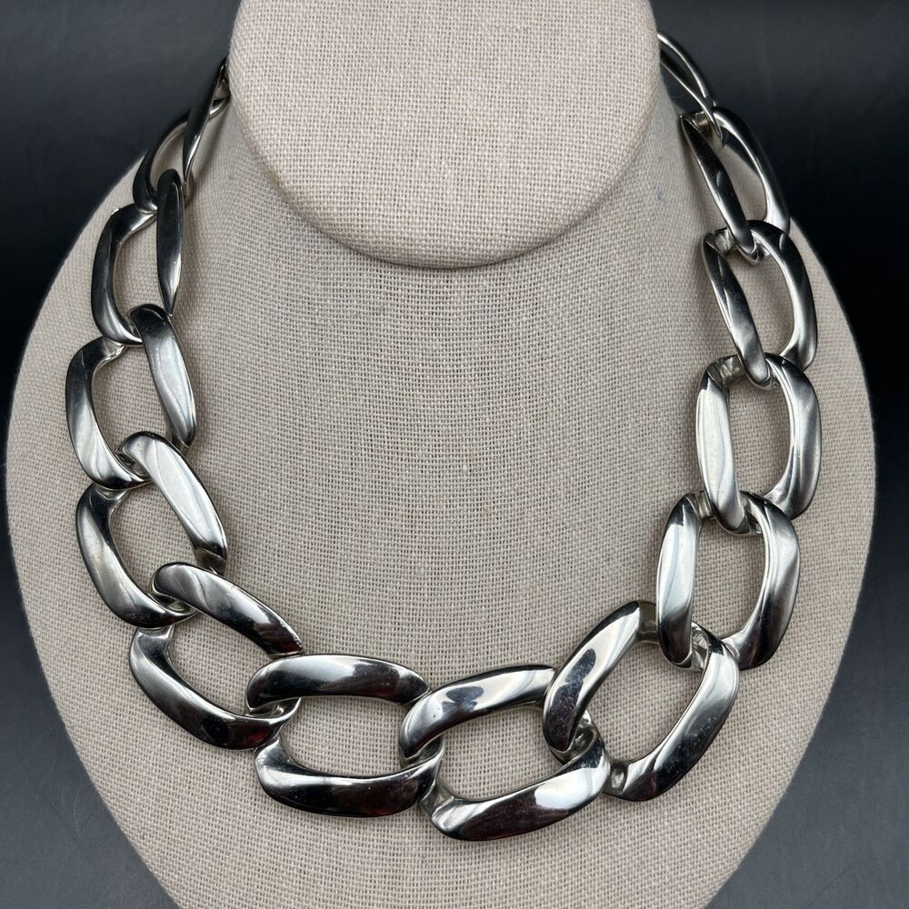 Vintage Chunky Curb Link Collar Necklace Silver Tone Glossy Polished Bold
